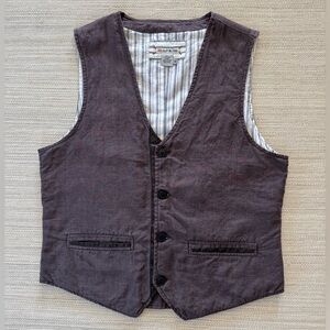 32 Bar Blues brown linen cotton blend faux leather detail button up vest men’s M